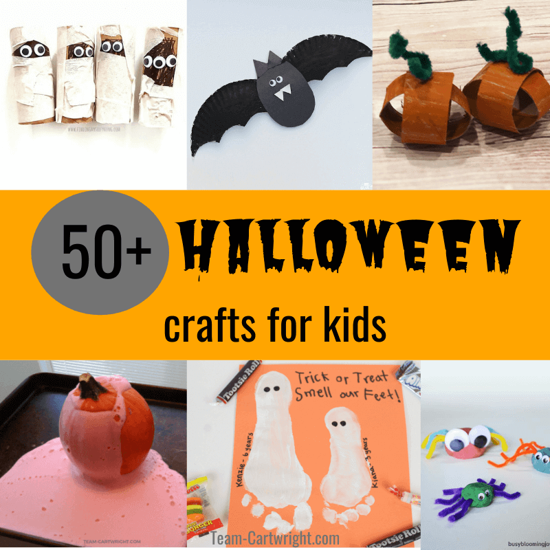 50+ Halloween crafts for kids with picture of mummy, bat, pumpkin, ghost, and spider crafts for toddlers and preschool