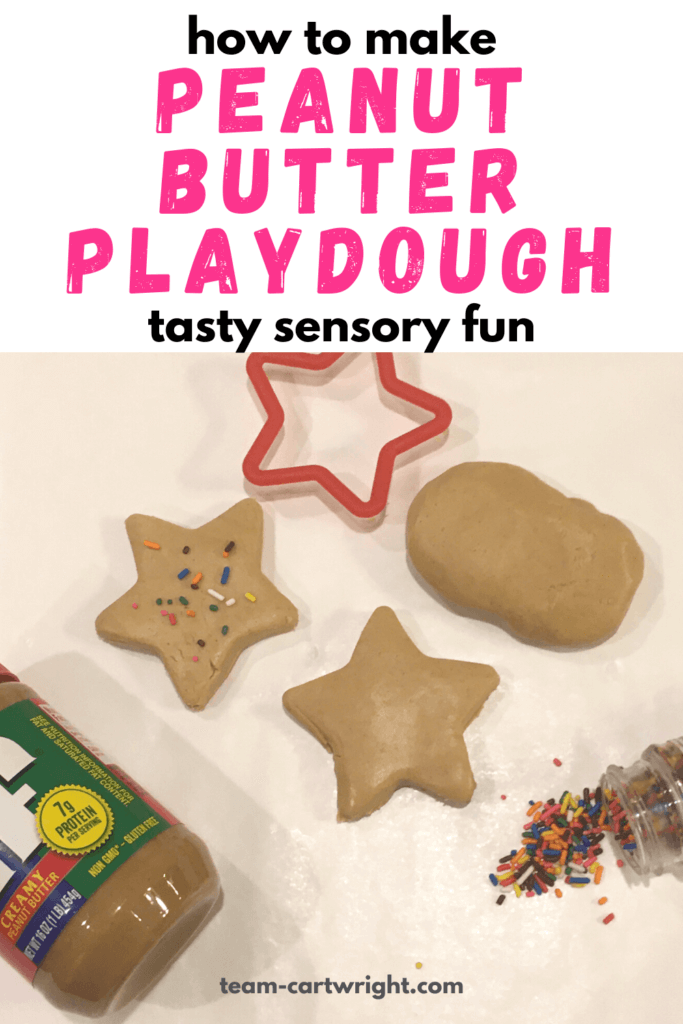 how to make peanut butter playdough taste sensory fun with picture of peanut butter, star cookie cutter, brown edible playdough, and sprinkles