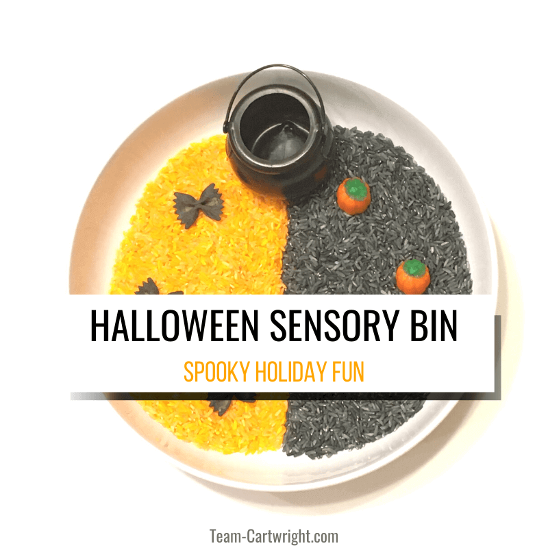 Halloween sensory bin with picture of sensory bin with orange and black dyed rice