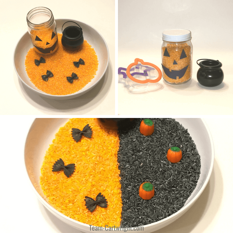 3 pictures of sensory bins with black and orange rice, dyed pasta bats, and cauldron