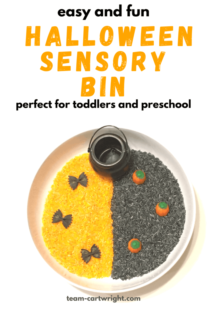 easy and fun Halloween Sensory Bin perfect for toddlers and preschool with picture of sensory bin full of orange and black rice