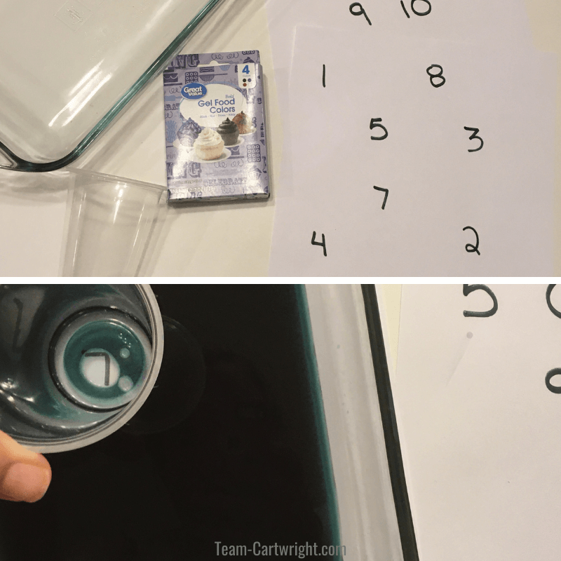 picture of supplies for colored water number hunt on top, picture of plastic cup finding the number in the colored water on bottom