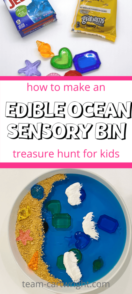 Text: How To Make an Edible Ocean Sensory Bin Treasure Hunt for Kids Top Picture: Jello, graham crackers, and plastic jewels. Bottom picture: Ocean sensory bin