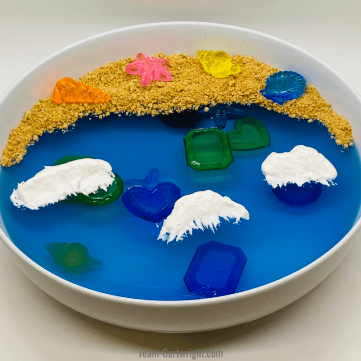 picture of ocean sensory bin filled with blue jello, graham cracker crumb beach, whipped cream waves, and plastic shells