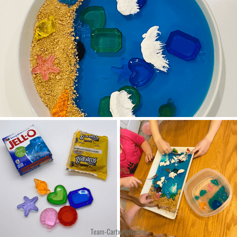 Top picture: Completed Ocean sensory bin with cracker crumb beach and whipped cream waves. Bottom left picture: Bin supplies of blue jello, graham crackers, and plastic jewels. Bottom right picture: 3 kids playing with sensory bin