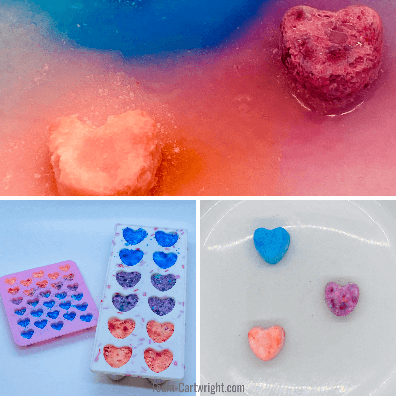 top picture: red and purple fizzy hearts in read and purple vinegar. Bottom left picture: Red, blue, and purple hearts in silicone molds. Bottom left picture: A blue, purple, and red heart in a white dish