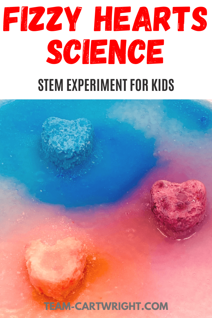 Text: Fizzy Heart Science, STEM Experiments for Kids Picture: Blue, purple, and red hearts fizzing in vinegar