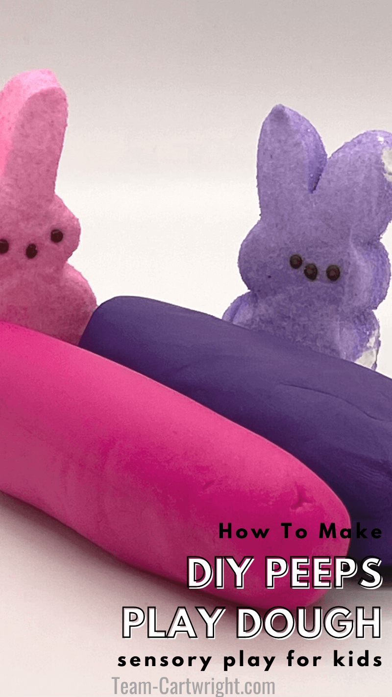 Text: How To Make DIY Peeps Play Dough Sensory Play for Kids Picture: Pink and Purple marshmallow peeps and pink and purple homemade playdough