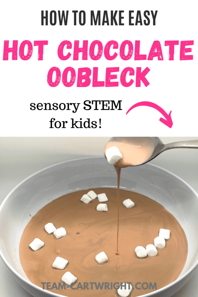 text: how to make easy Hot Chocolate Oobleck sensory STEM for kids. Picture: hot cocoa oobleck with marshmallows and spoon