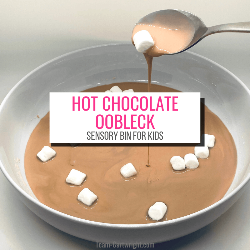 Text: Hot Chocolate Oobleck Sensory Bin for Kids Picture: Hot Chocolate Sensory Bin with marshmallows and chocolate oobleck