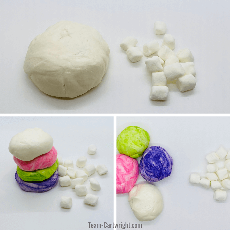 picture 1: white marshmallow playdough and mini marshmallows. Picture 2: mini marshmallows and stack of playdough balls, white, pink, green, and purple. Picture 3: Same balls spread out and minimarshmallows