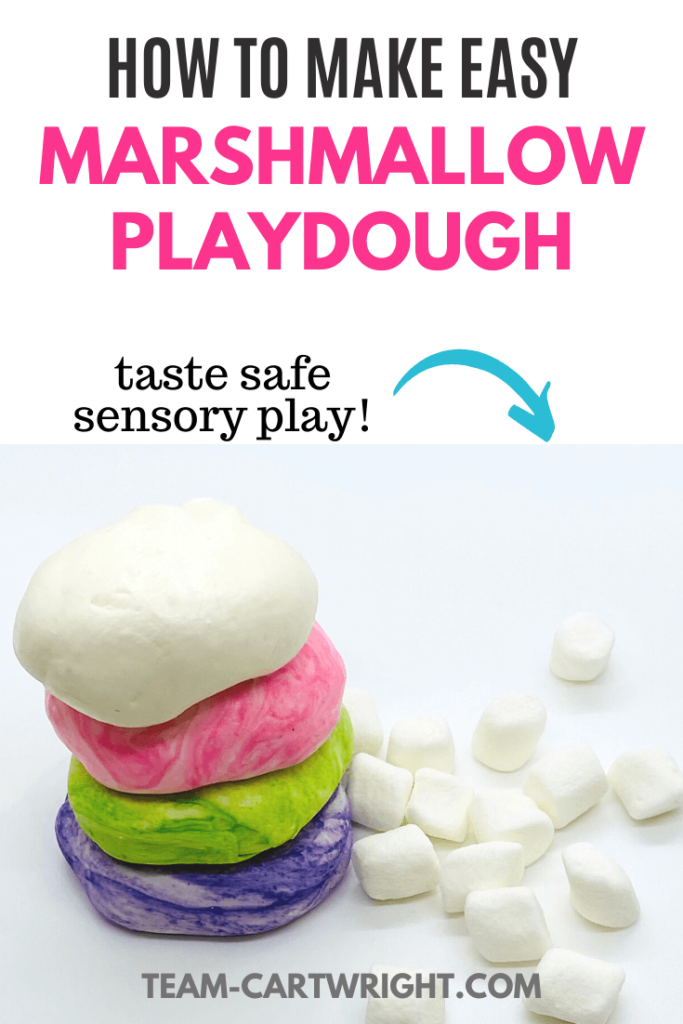 Text: How to make easy Marshmallow Playdough taste safe sensory play picture: stack of playdough white, pink, green, purple and mini marshmallows