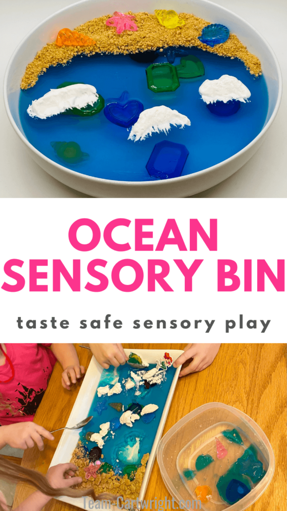 text: Ocean Sensory Bin taste safe sensory play Top Picture: Ocean Sensory Bin Bottom Picture: Children playing with an ocean sensory dig