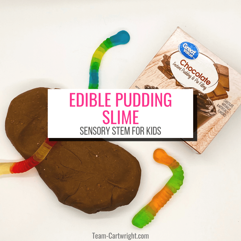 text: Edible Pudding Slime Sensory STEM for Kids picture: box of pudding mix, chocolate pudding slime, and gummy worms