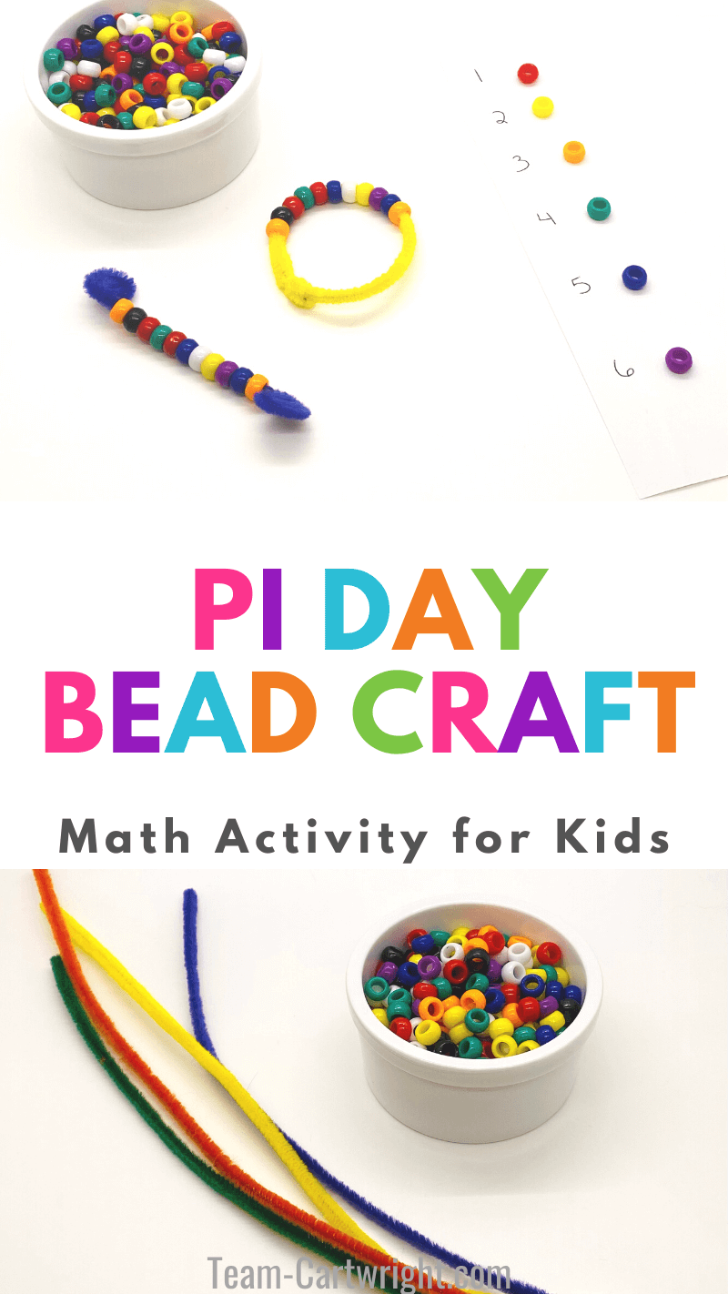 Pi Day Bead Craft Math Activity for Kids with picture of Pi Day bracelets and bookmarks