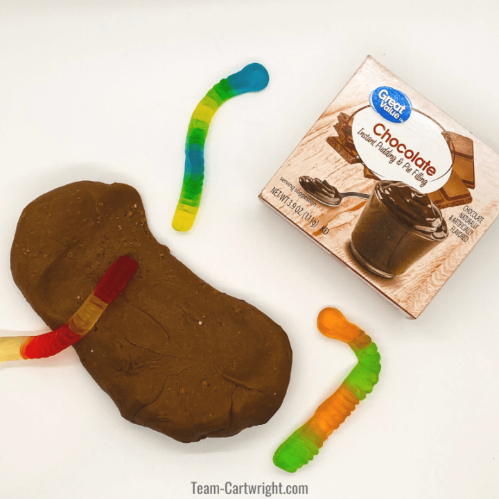 picture of box of chocolate pudding mix and pudding slime with gummy worms