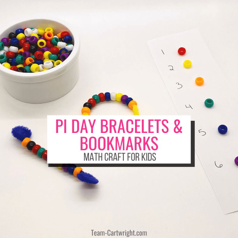 Pi Day Bracelets and Bookmarks Math Craft for Kids with picture of craft and beads