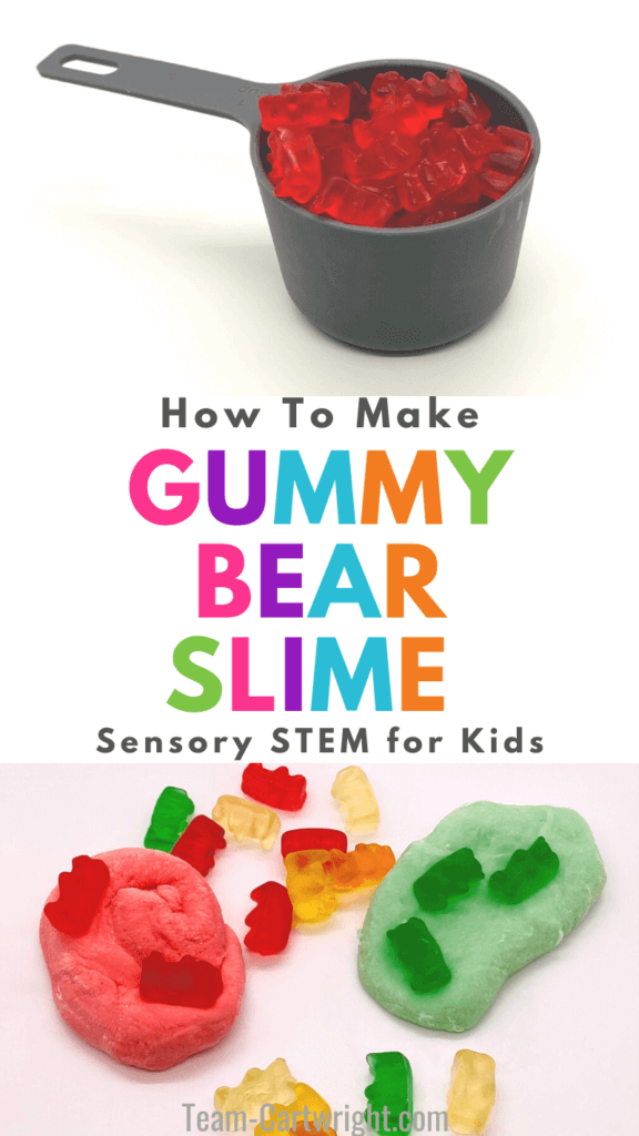 Text: How To Make Gummy Bear Slime Sensory STEM for Kids. Top picture: measuring cup full of red gummy bears. Bottom picture: Gummy bears and red and green edible gummy bear slime