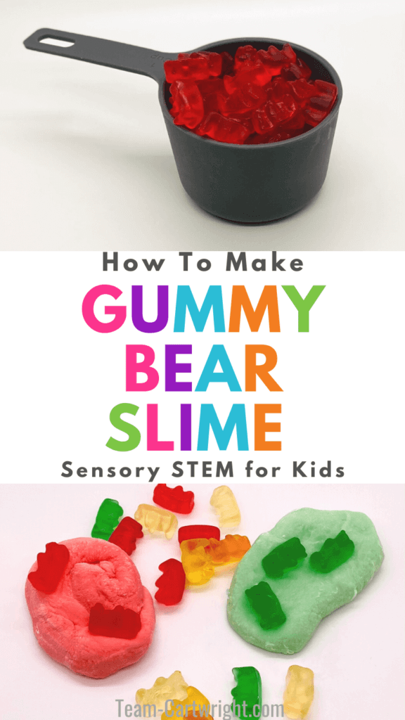 Text: How To Make Gummy Bear Slime Sensory STEM for Kids. Top picture: measuring cup full of red gummy bears. Bottom picture: Gummy bears and red and green edible gummy bear slime