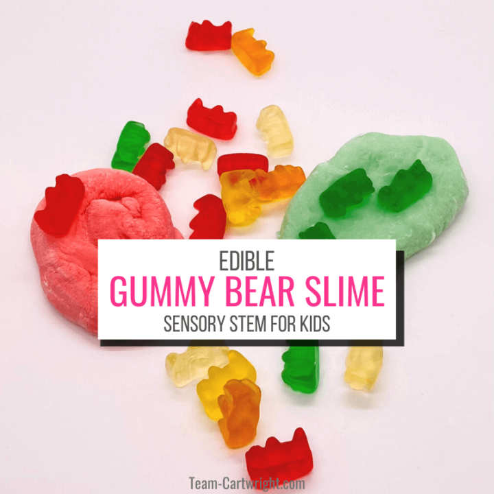 Text: Edible Gummy Bear Slime Sensory STEM for Kids. Picture: Gummy bears and red and green gummy bear slime