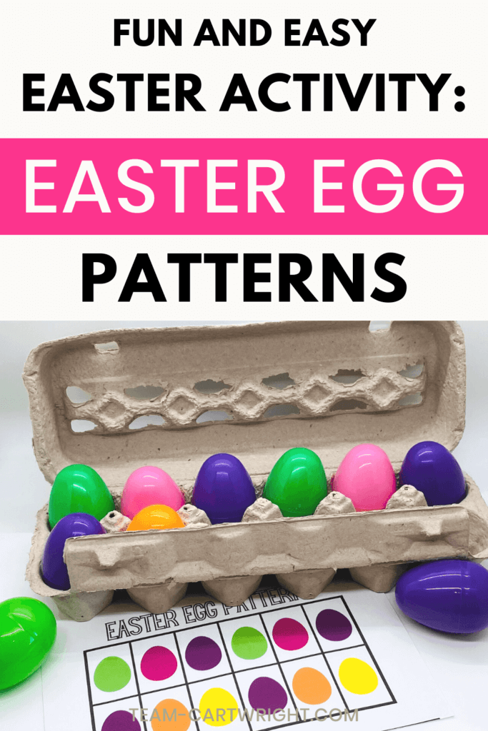 text: Fun and Easy Easter Activity: Easter Egg Patterns. Picture: Egg carton with colorful plastic eggs and printable of egg pattern to recreate