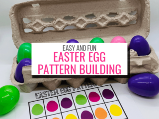 Text: Fun and Easy Easter Egg Pattern Building Picture: and egg carton with colored plastic easter eggs and a copy of a printable pattern to replicate