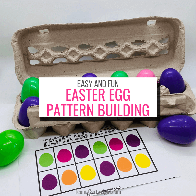 Text: Fun and Easy Easter Egg Pattern Building Picture: and egg carton with colored plastic easter eggs and a copy of a printable pattern to replicate