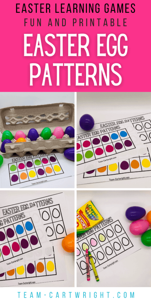 Text: Easter Learning Games Fun and Printable Easter Egg Patterns Pictures: egg carton with colorful plastic Easter eggs and patterns to print