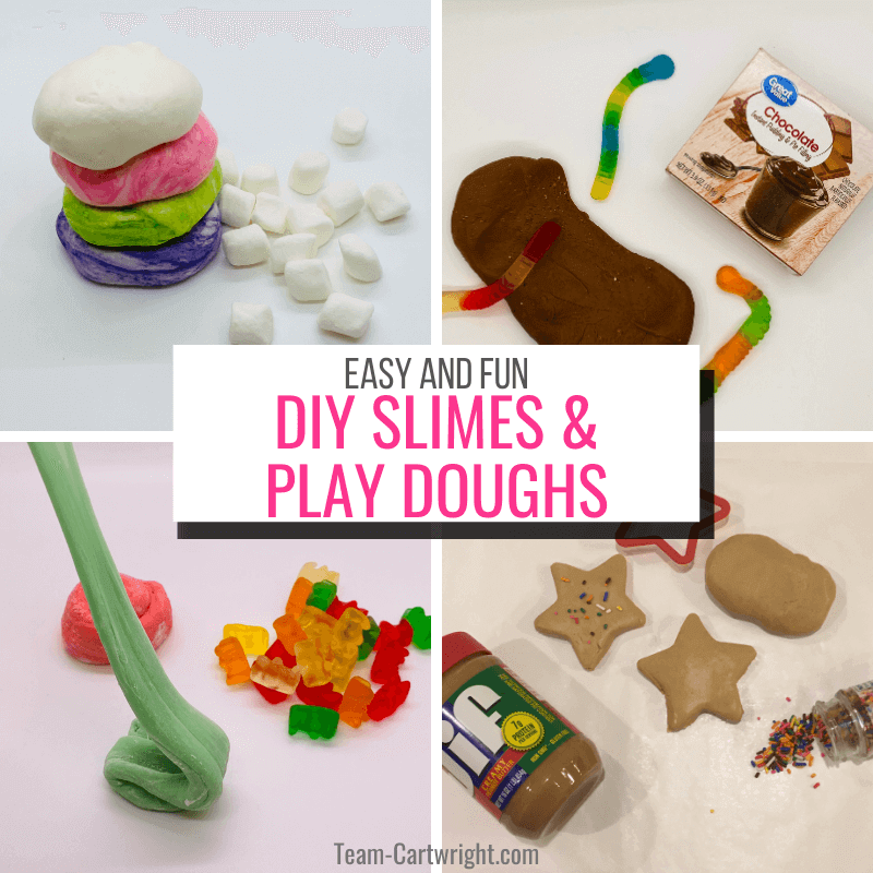 text: Easy and Fun DIY Slimes & Play Doughs. Pictures clockwise from top left: Marshmallow playdough, pudding slime, peanut butter playdough, and gummy bear slime