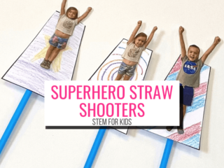 Text: Superhero Straw Shooters STEM for Kids (Picture: 3 homemade superher straw shooters