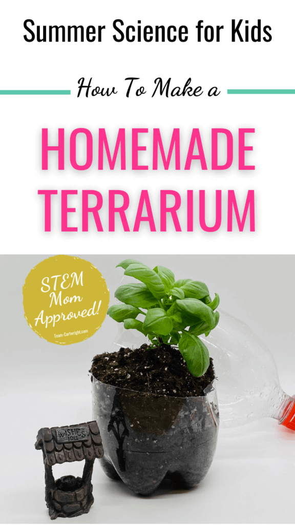 Text: Summer Science for Kids How To Make a Homemade Terrarium. Picture: open soda bottle terrarium with plant inside and a wishing well garden decoration. Badge: STEM Mom Approved!