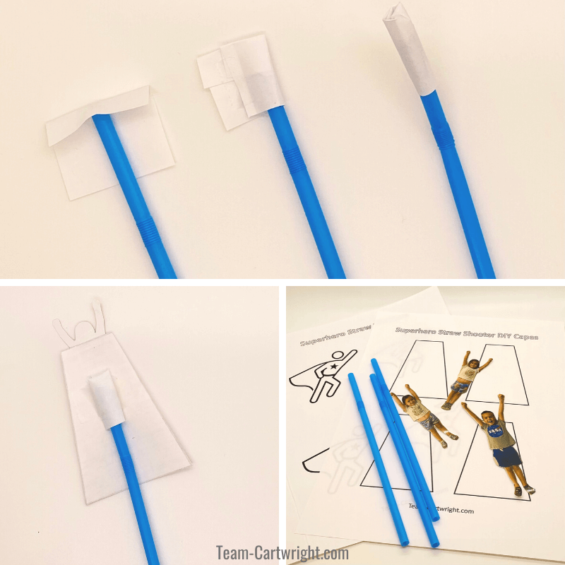 Top picture: steps of how to fold paper cap into top of straw. Bottom left picture: paper cap taped to back of superhero on straw. Bottom right: supplies for superhero straw shooters, straws, free printables, cut out pictures