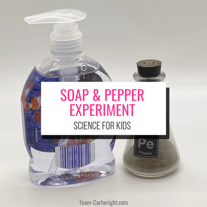 Text: Soap & Pepper Experiment Science for Kids. Picture: Bottle of hand soap and Erlenmeyer flask of pepper