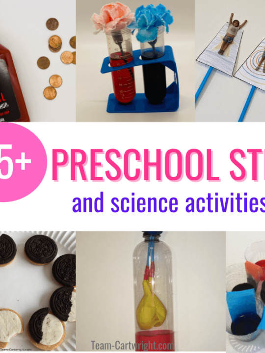 Text: 25+ Preschool STEM and science activities. Pictures clockwise from top left: Cleaning pennies with ketchup experiment, dyed flowers science, superhero straw shooters, walking water rainbow STEM, diy lung model, cookie moon phase edible science experiment