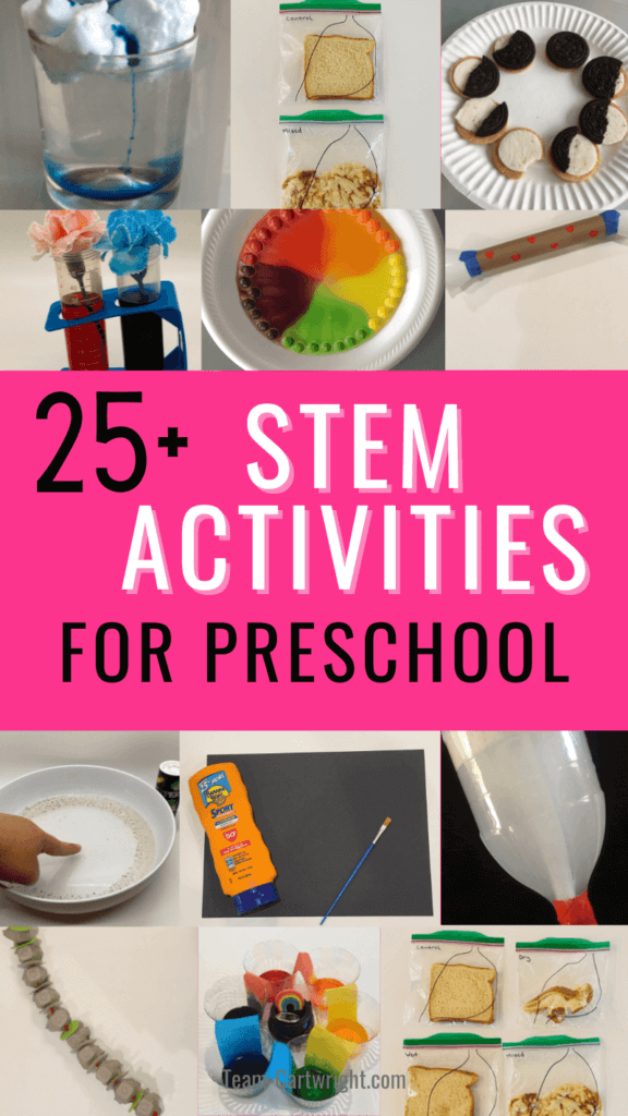 text: 25+ STEM Activities for Preschool. Pictures: 12 pictures of various STEM and science experiments listed in the post