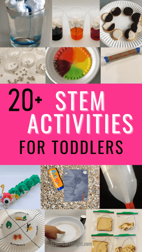 Text: 20+ STEM Activities for Toddlers. Pictures: 12 of the stem activities featured in this post including: color changing flowers, moon cookie phases, butterfly life cycle craft, tornado in a bottle, rain cloud experiment, bean counting game