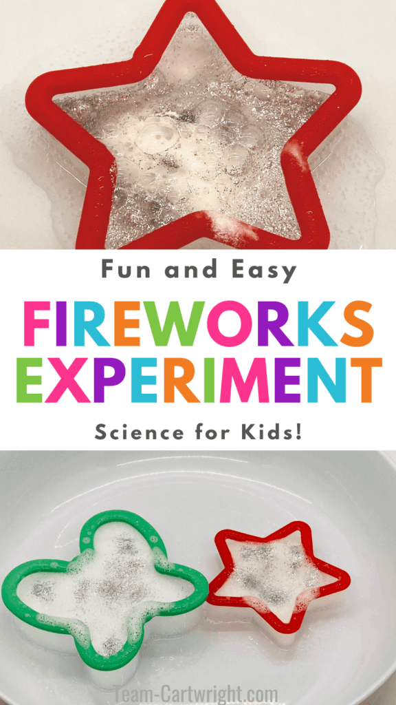 Text: Easy and Fun Fireworks Experiment Science for Kids. Top Picture: Star cookie cutter with fireworks reaction bubbling up with glitter. Bottom Picture: Butterfly and star cookie cutters in a dish with fireworks baking soda and vinegar experiment with glitter bursting up