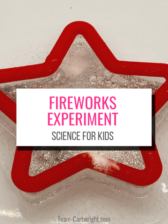 Text: Fireworks Experiment Science for Kids. Picture: Red star cookie cutter with chemical reaction creating bubbles with glitter bubbling up