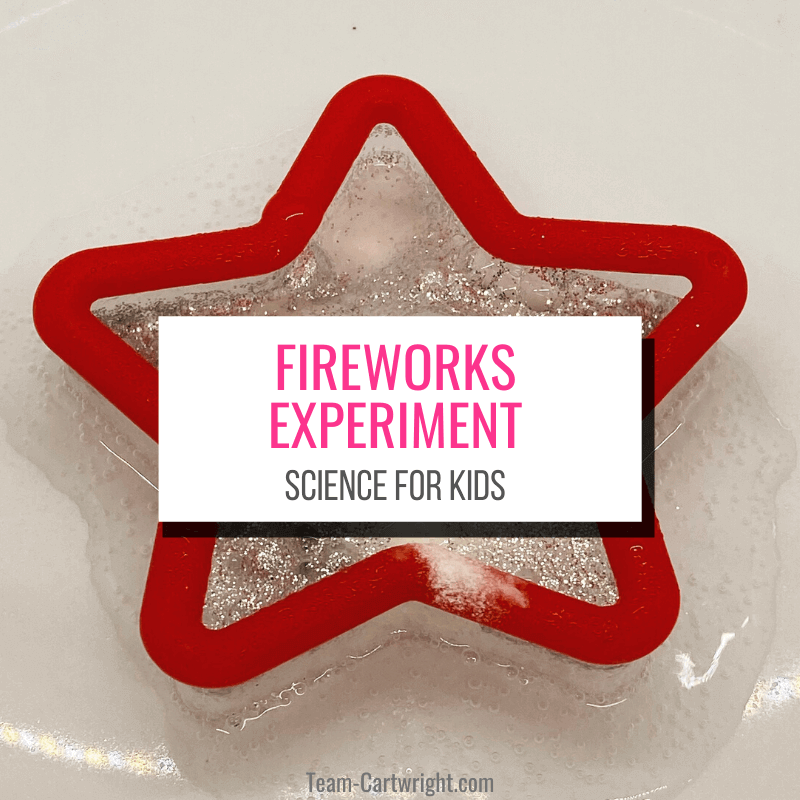 Text: Fireworks Experiment Science for Kids. Picture: Red star cookie cutter with chemical reaction creating bubbles with glitter bubbling up