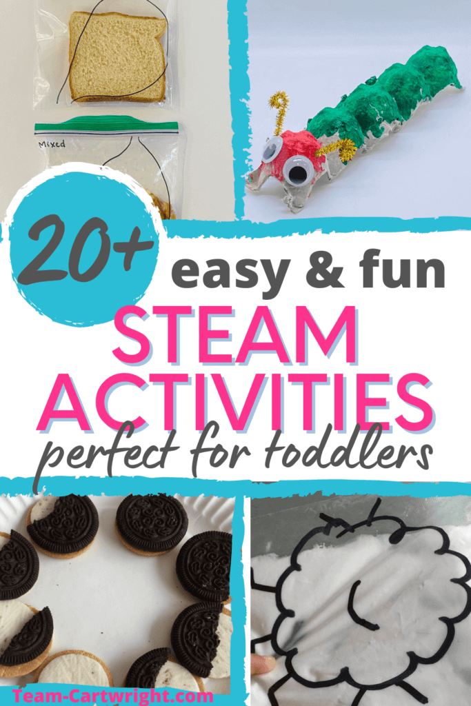 Text: 20+ easy & fun STEAM Activities perfect for toddlers. Pictures of sample toddler stem experiments including: Stomach digestion experiment, caterpillar egg carton STEAM craft, sensory squish bags, cookie moon phase activities
