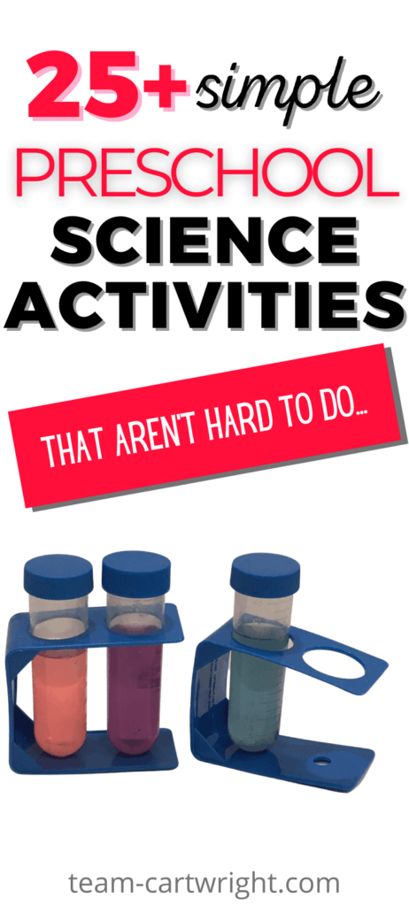 Text: 25+ Simple Preschool Science Activities That Aren't Hard To Do... Picture: 3 test tubes with blue lids in blue test tube holders from the dollar store. One tube has pink liquid, one purple, one blue for preschool STEM experiments.