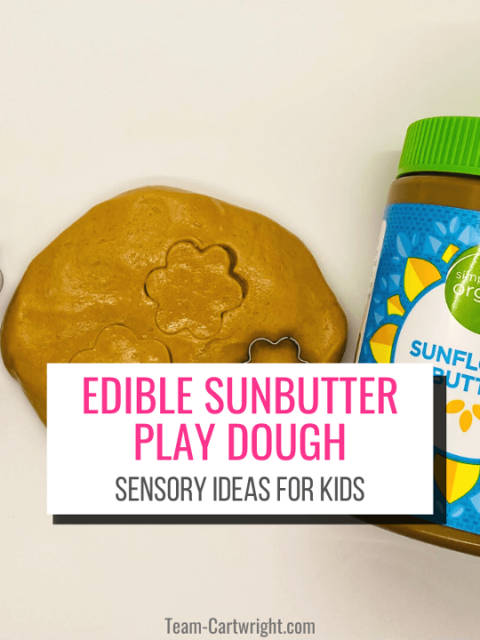 Edible Sunbutter Play Dough Sensory Ideas for Kids Picture in background: jar of sunbutter and brown playdough made from the suinbutter, plus flower cookie cutters