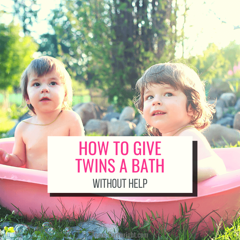 Text: How To Give Twins a Bath Without Help Picture: Twins in a pink bathtub