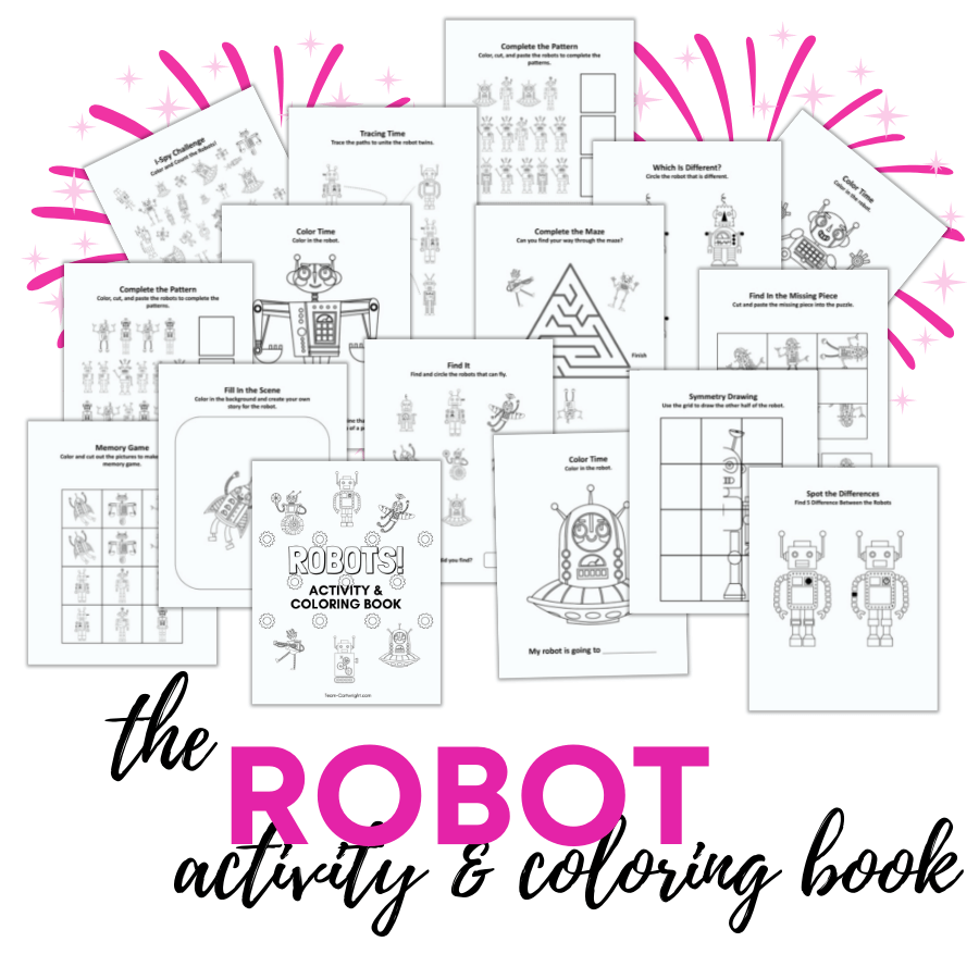 Text: The Robot Activity & Coloring Book. Picture: 30 printable robot activities and coloring pages