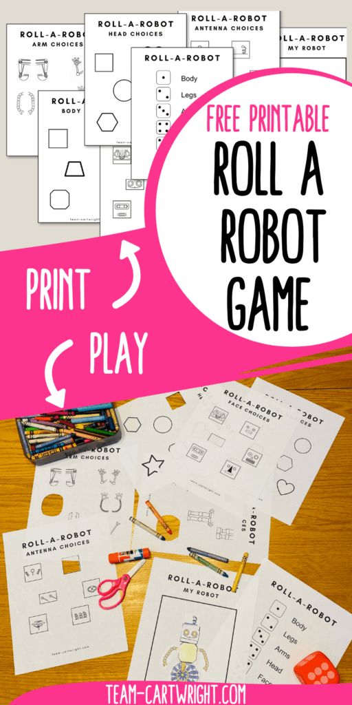 Text: Free Printable Roll a Robot Game; Top Picture: free printables for the roll a robot game, arrow pointing to them with the word Print; Bottom Picture: game being played on a table with dice, scissor, glue stick, crayons and robot built, arrow pointed at picture with word Play