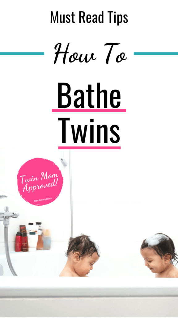 Text: Must Read Tips How To Bathe Twins Picture: Twins in a bathtub Badge: Twin Mom Approved