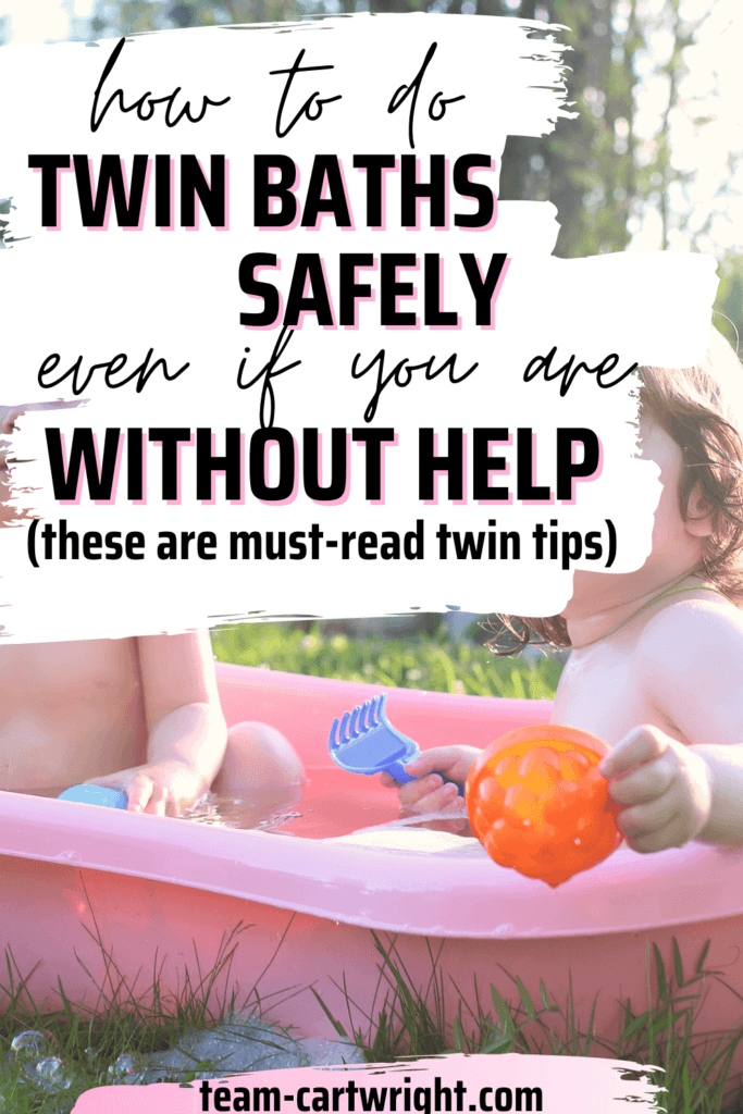 Text: How To Do Twin Baths Safely even if you are Without Help (these are must-read tips) Picture: twins in a bathtub