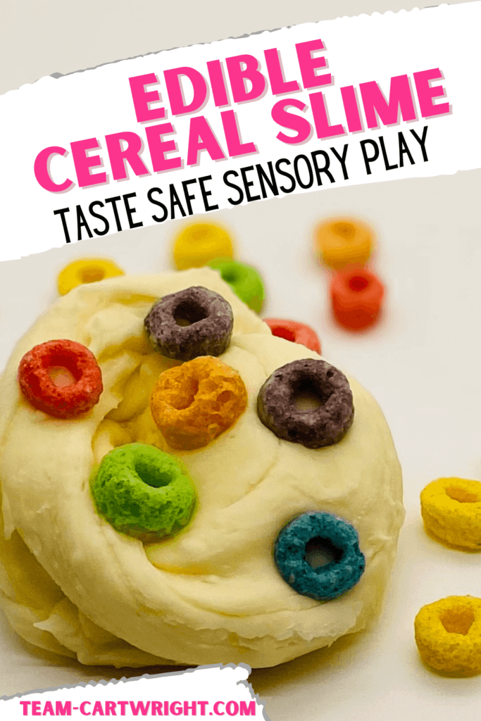 Text: Edible Cereal Slime Taste Safe Sensory Play Picture: White cereal slime with colorful cereal on slime and around it