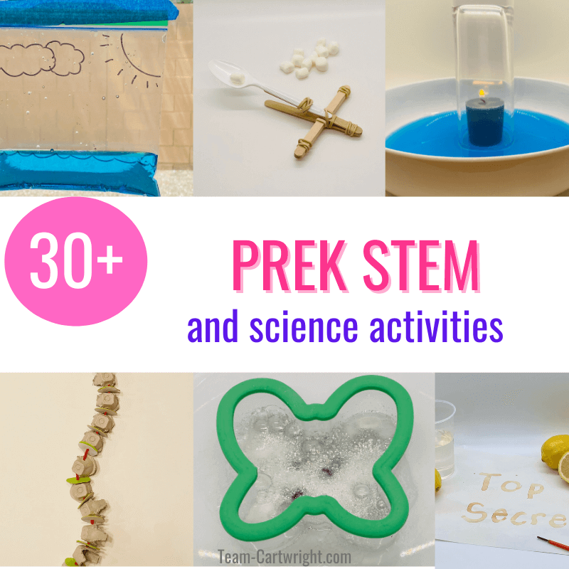 Text: 30+ PreK STEM and Science Activities. 6 pictures showing samples of some activities, clockwise from top left: Water cycle in a bag weather science, popsicle stick catapult, raising water experiment, lemon juice disappearing ink, butterfly firework experiment, diy model spine
image click leads to PreK STEM Activities page