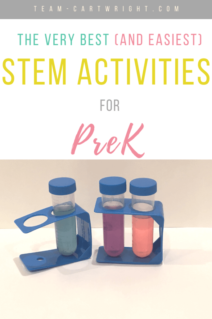 text: The Very Best (and easiest) STEM Activities for PreK  Picture: test tubes filled with colored liquid for PreK science experiments 